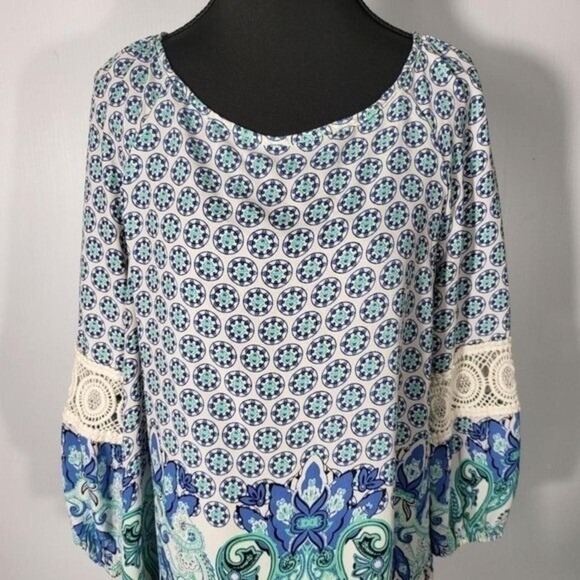 Cato Boho Tunic Top Crochet Sleeve Paisley Print Blouse Bohemian Style - Picture 2 of 8